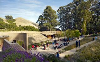 The Sharon Simpson Center at the California Shakespeare Theater, located in the San Francisco Bay Area, encourages environmental stewardship and sustainable goals by utilizing a living roof and being integrated into the natural landscape of the site.